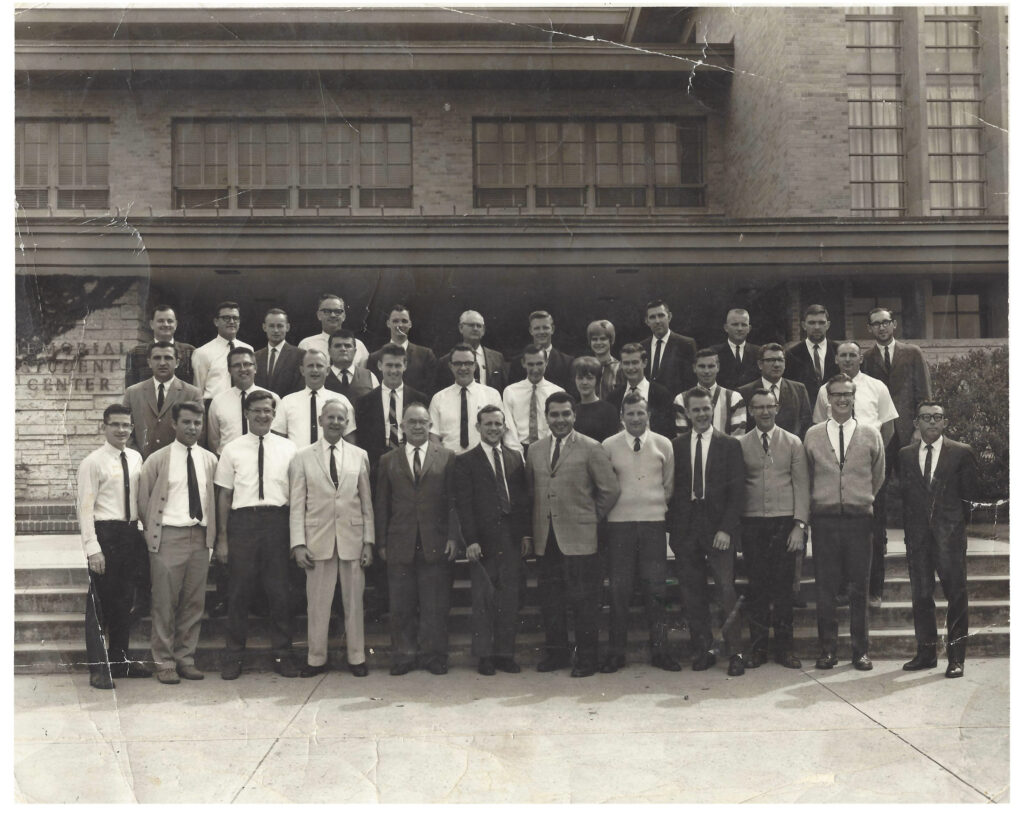 We are standing in front of the Memorial Student Building, August 1966. This is a group of 9th grade science teachers meeting for the first day for a year long institute funded by the National Science Foundation. 